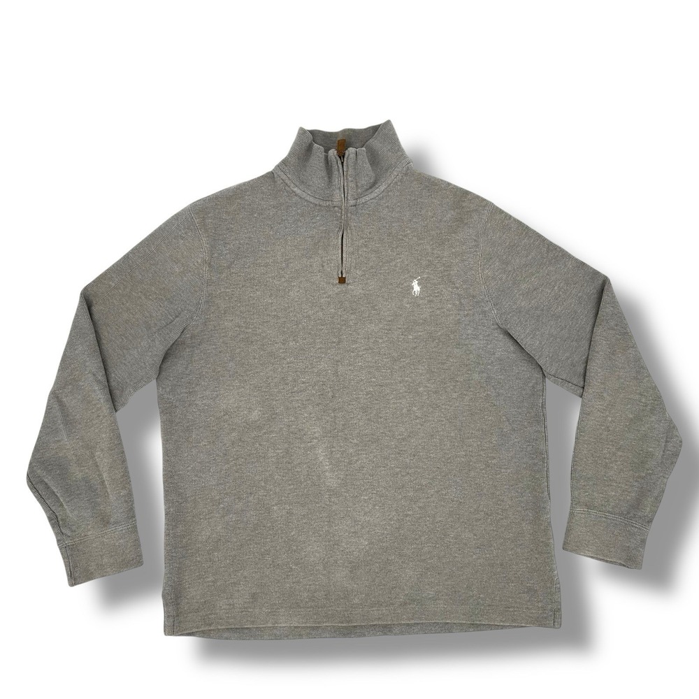 Polo Ralph Lauren Men's 1/4 Zip Sweater M Gray 100% Cotton Pullover Side Slit